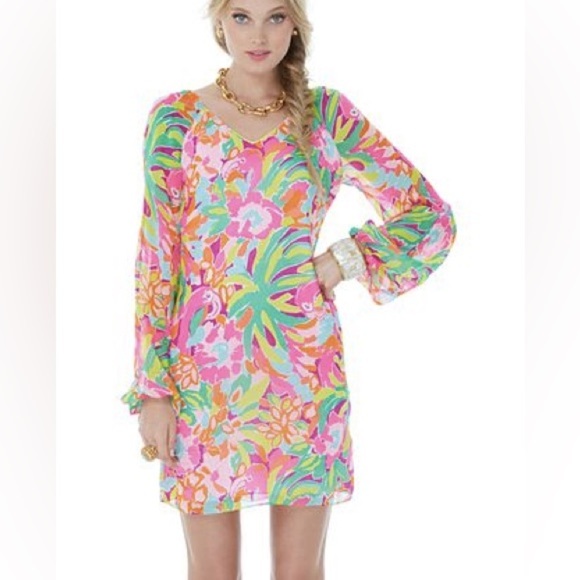 NWT Lilly Pulitzer Carleigh Tunic Dress Silk Lulu Fluorescent Flamingo Size 8 - Picture 3 of 13